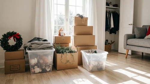 Bright, naturally lit living room in early January with neatly stacked cardboard moving boxes and clear plastic storage...