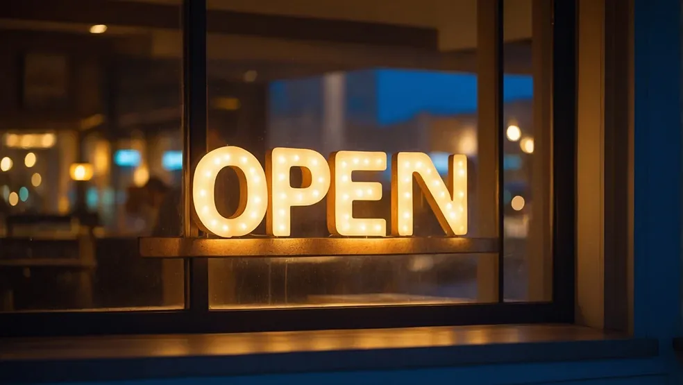 This image showcases a warmly lit "OPEN" sign, glowing brightly through a window. The sign is composed of large,...