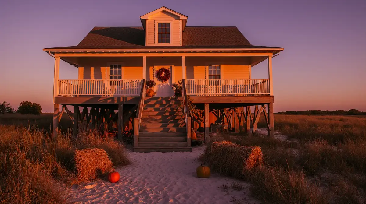 Elevated Gulf Coast beach house at sunset with fall decorations, including pumpkins, hay bales, and a red wreath on the...