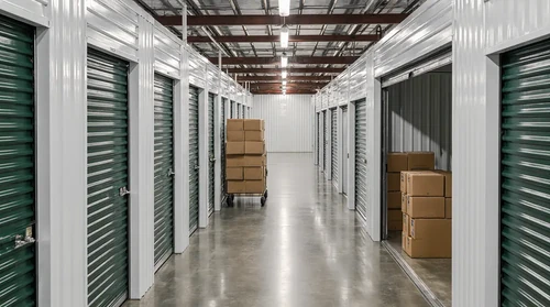 Interior view of a clean, climate-controlled self storage facility with green roll-up doors and stacked cardboard boxes...