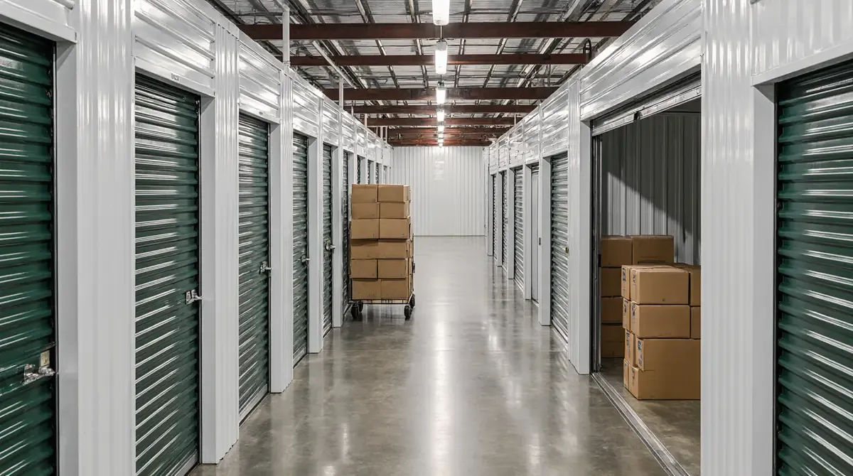 Interior view of a clean, climate-controlled self storage facility with green roll-up doors and stacked cardboard boxes...