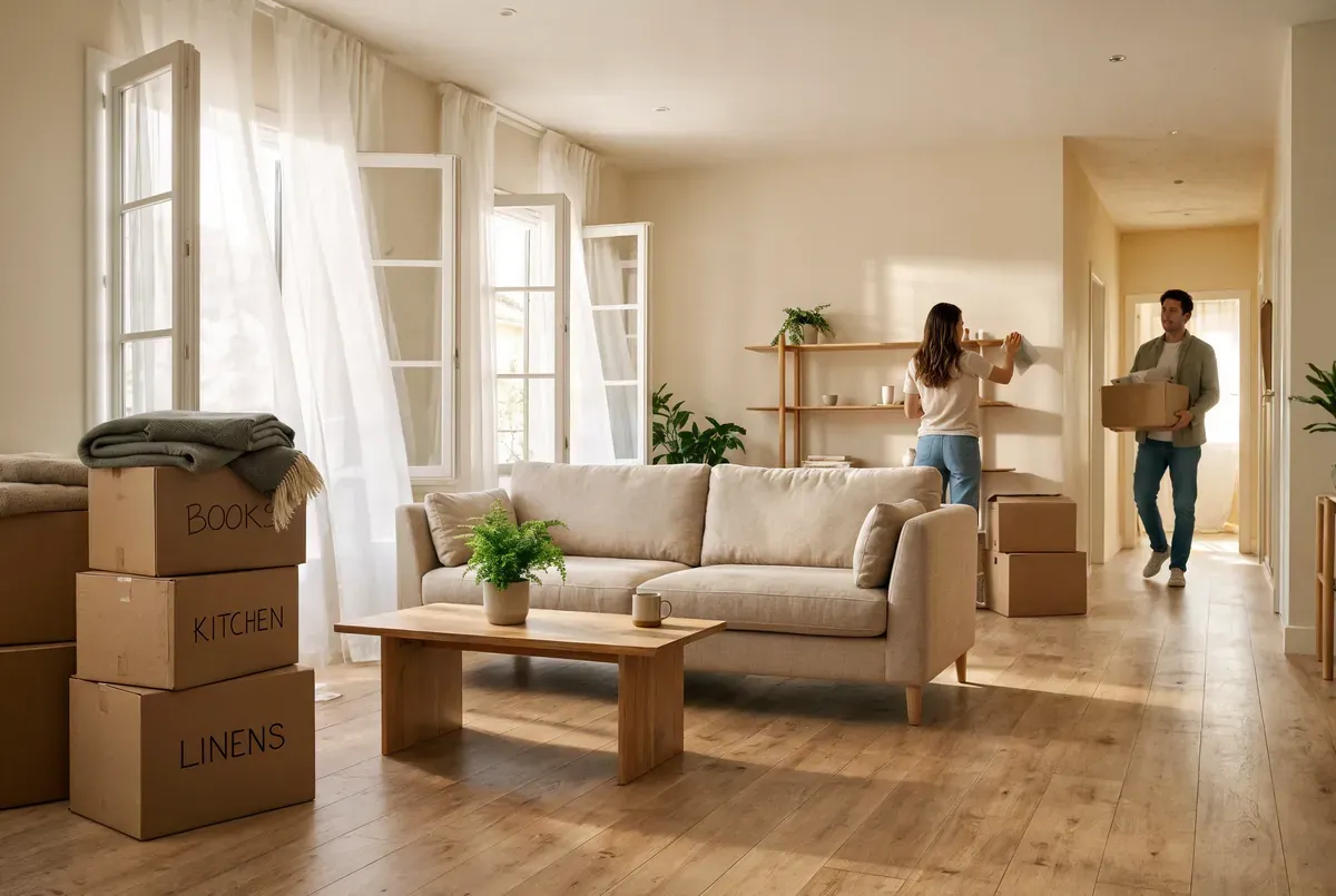 Sunlit living room during spring cleaning with labeled moving boxes stacked neatly and a couple calmly organizing their...