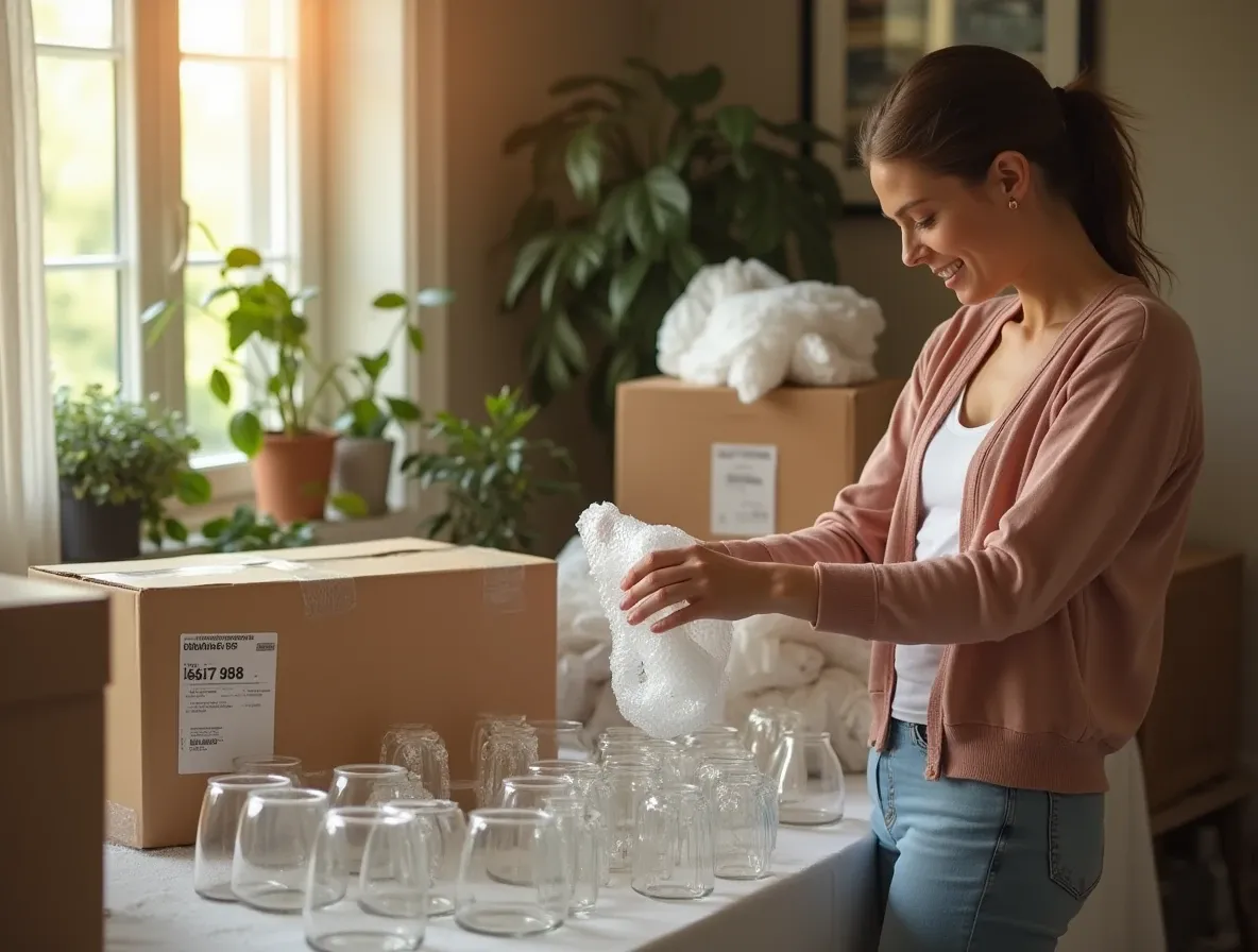 A smiling woman carefully wraps fragile glassware in bubble wrap at home, preparing items for long-term storage. She...